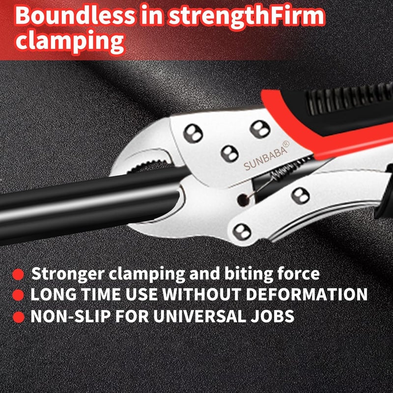 Sunbaba Locking Pliers Set, 6-Piece Vice Grips Pliers Set Long Nose 6-1/2”, 9-1/2” Curved Jaw 5” 7” 10” C-Clamp 6” Adjustable Screw - Image 5